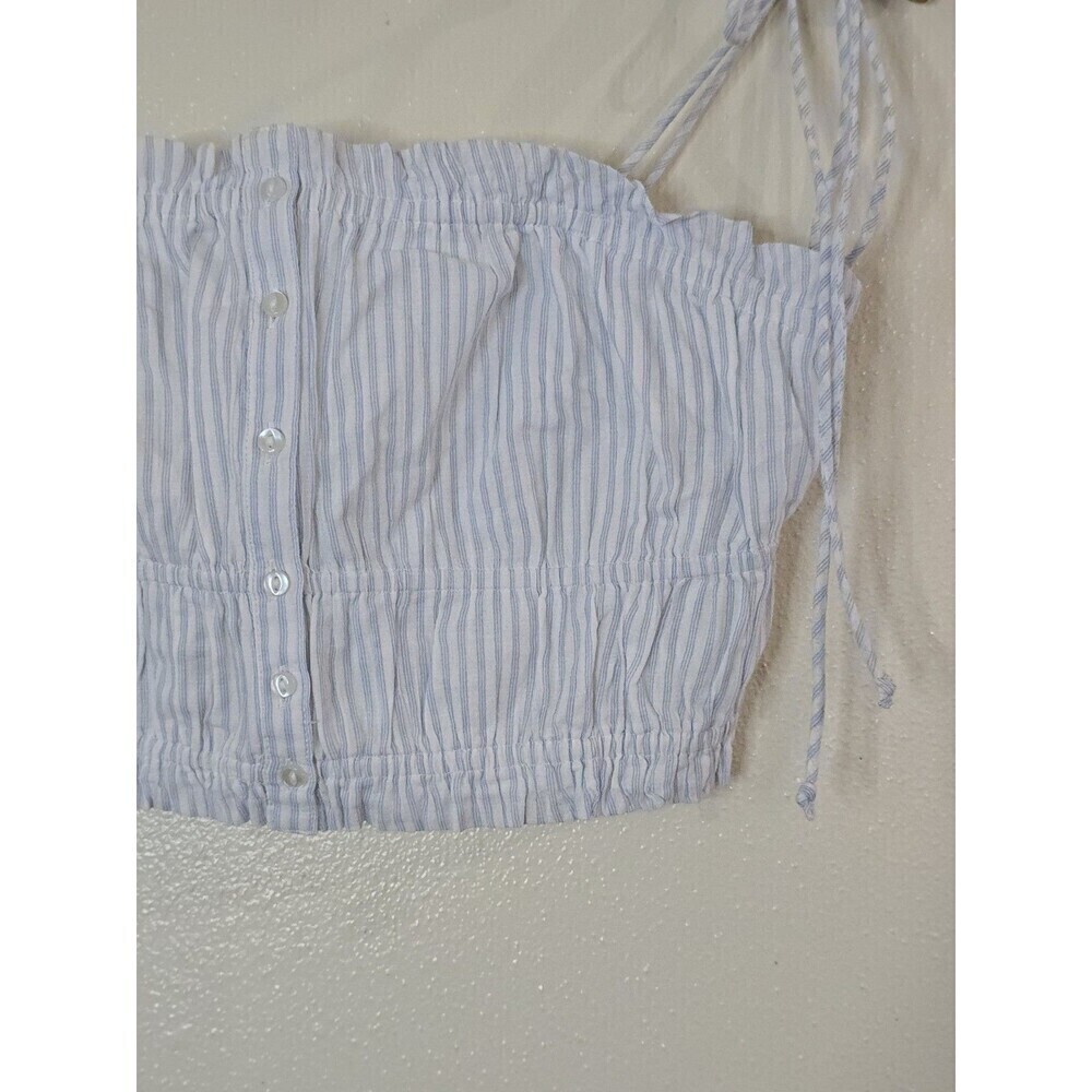 AERIE Button Front Crop Top Size M Striped Smocked Shoulder Tie Prairie Coquette - Picture 4 of 11